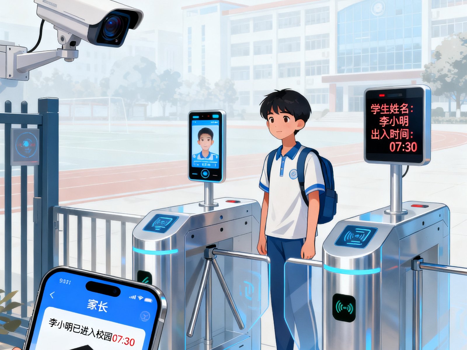 校园门口智能闸机与监控设备，学生刷脸通行，系统同步记录出入信息并推送至家长端