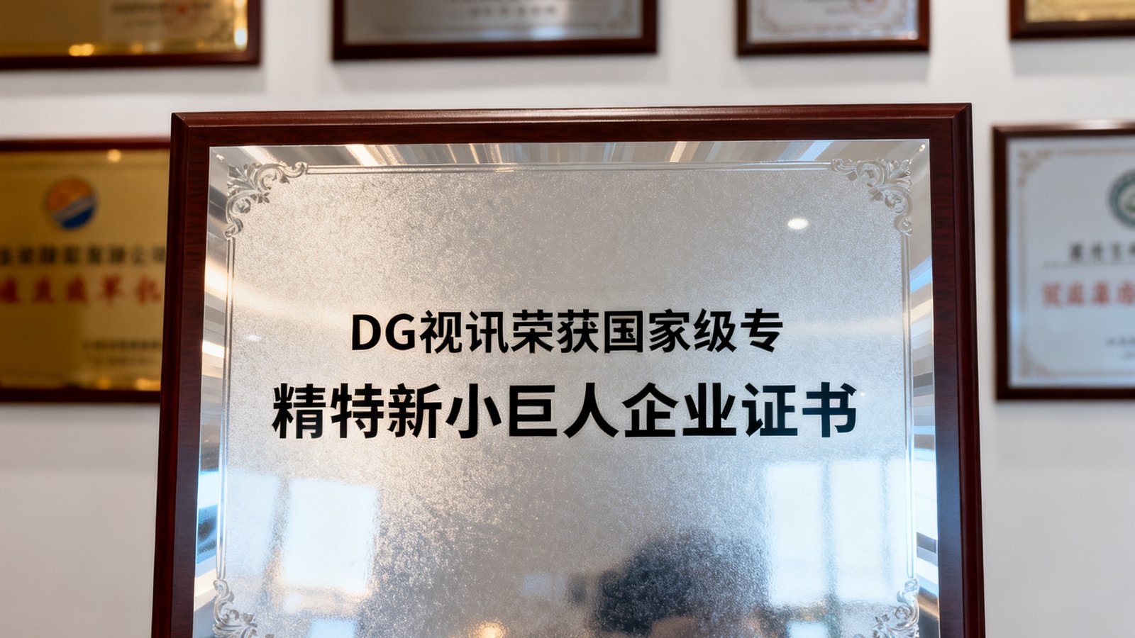 DG视讯荣获国家级专精特新小巨人企业证书的特写照片，证书摆放在公司荣誉墙中央位置
