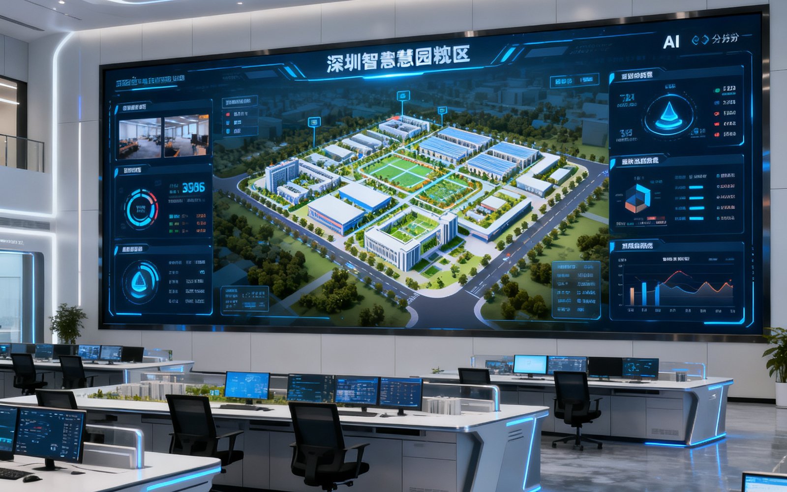 深圳某智慧园区项目完工后拍摄的监控中心全景，大屏上显示实时AI分析数据与园区3D地图