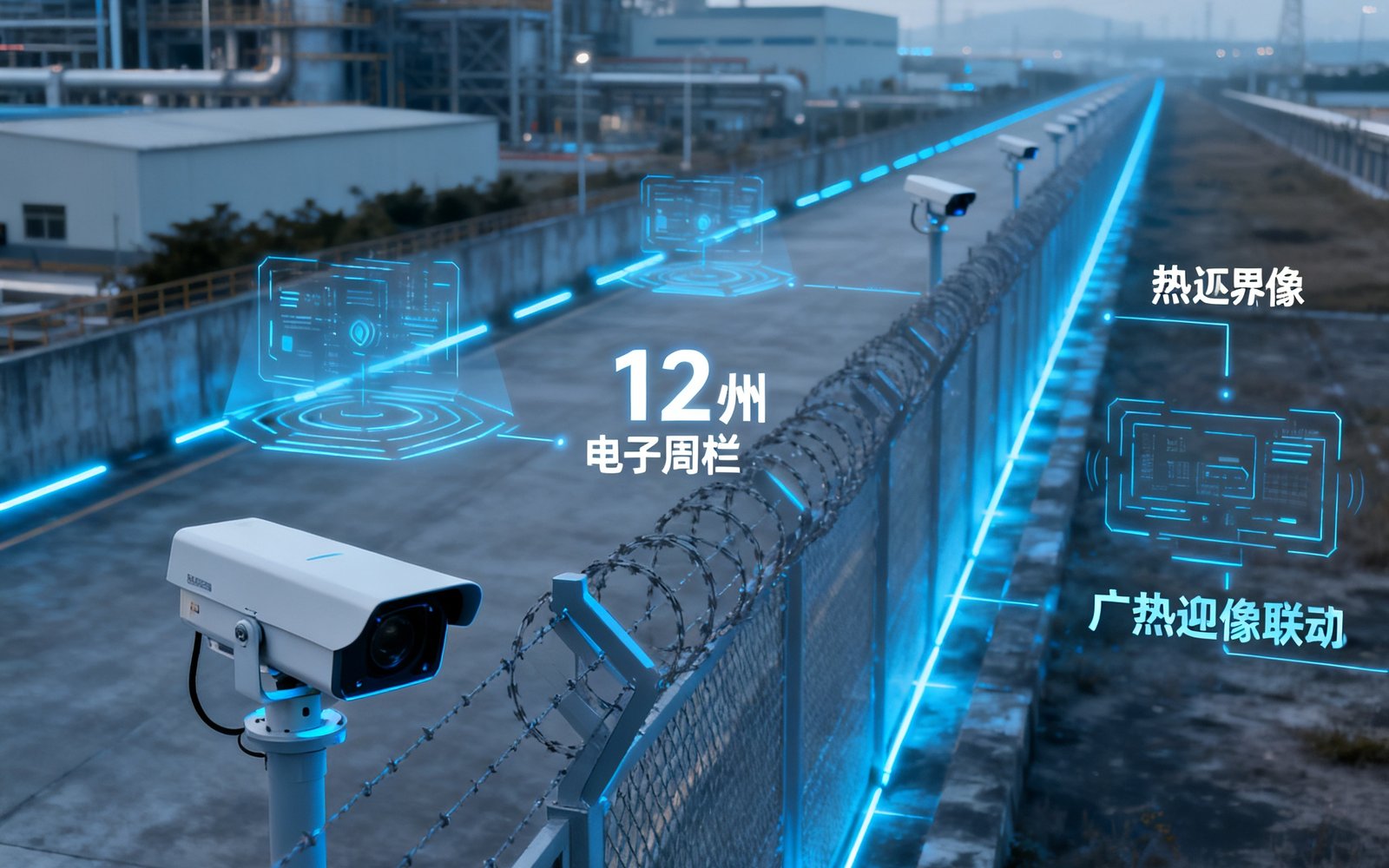 广州石化基地周界安防系统，电子围栏与热成像摄像机联动，覆盖12公里边界