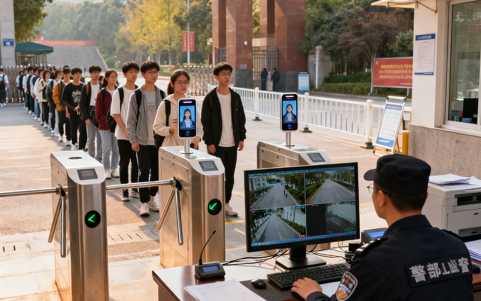 成都某大学校门人脸闸机与安防监控系统，学生有序刷脸通行，保安人员在监控室值守